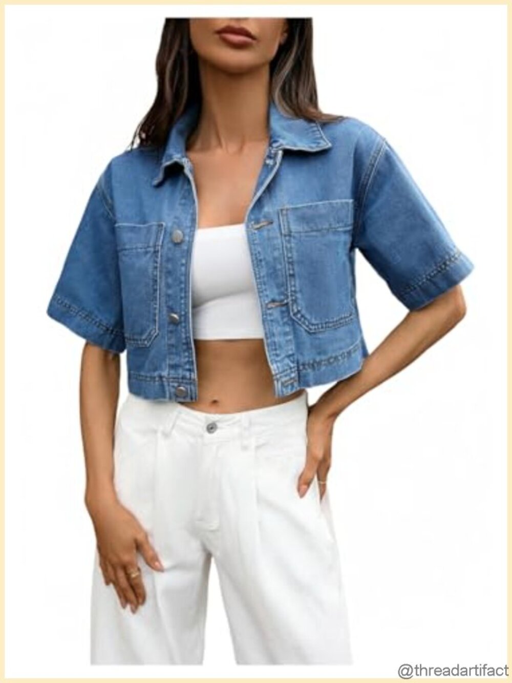 Women's Short Sleeve Cropped Denim Jacket Button Down Jean Jacket with Pocket